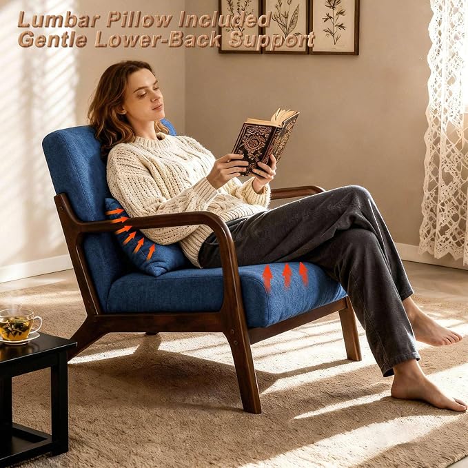 Set of 2 Mid Century Modern Accent Chair with Wooden Frame & Linen Upholstery, Comfortable Mid Century Lounge Chair with Pillow, Wooden Accent Chair for Living Room, Bedroom or Reading Corner