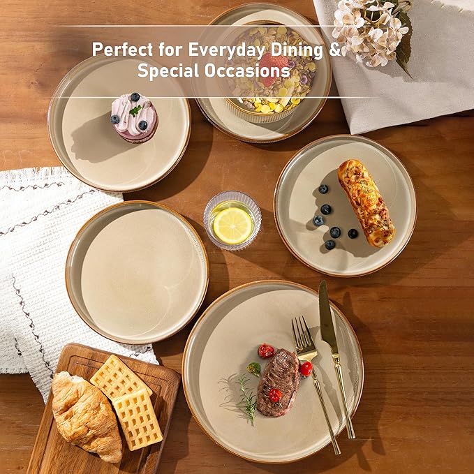 GBHOME 12-Piece Stoneware Dinnerware Set for 4 – Ribbed Ceramic Plates and Bowls, Scratch-Resistant, Microwave & Dishwasher Safe, Reactive Glaze, Barley Latte