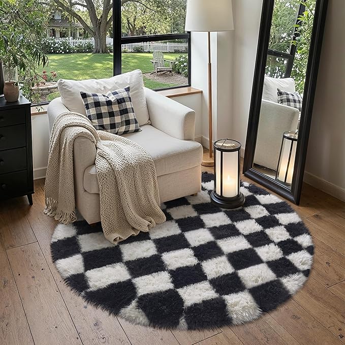 Checkered Rug 4x4 for Living Room, Black and White Modern Shag Super Soft Washable Fluffy Rugs Indoor Fuzzy Carpet for Bedroom Home Dorm Aesthetic Decor