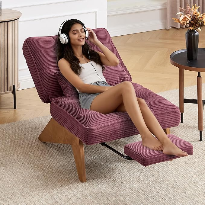 Accent Chair with Ottoman Adjustable Backrest, Stripe Living Room Chair Indoor Lounge Chair with Build-in Footrest Set, Modern Chair Cozy Reclining Chair for Reading Room, Wine Red