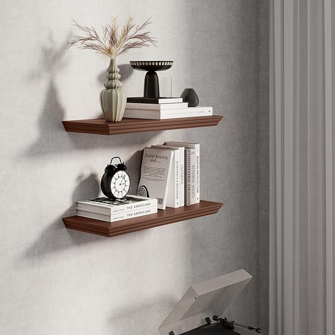 Fun Memories Floating Shelves 24 Inch Long, 9.3 Inch Deep Classic Crown Molding Floating Shelves for Wall, Rustic Wooden Shelves for Wall Decor Bathroom, Kitchen, Office, (Walnut, 2Pack)