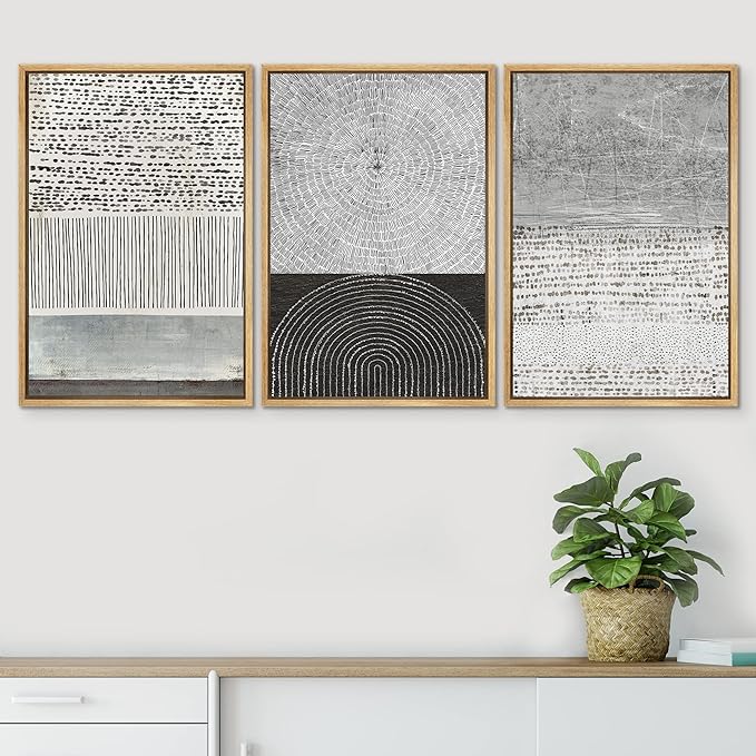 SIGNWIN Framed Canvas Print Wall Art Set Industrial Black & Gray Collage Abstract Geometric Illustrations Minimalism Modern Art Decorative Boho for Living Room, Bedroom, Office - 24"x36"x3 Natural