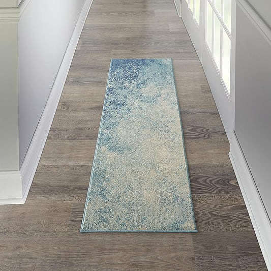 Nourison Home Passion Navy/Light Blue 2'2'' x 10' Area-Rug, Modern, Abstract, Easy-Cleaning, Non Shedding, Bed Room, Living Room, Dining Room, Kitchen, (10' Runner)