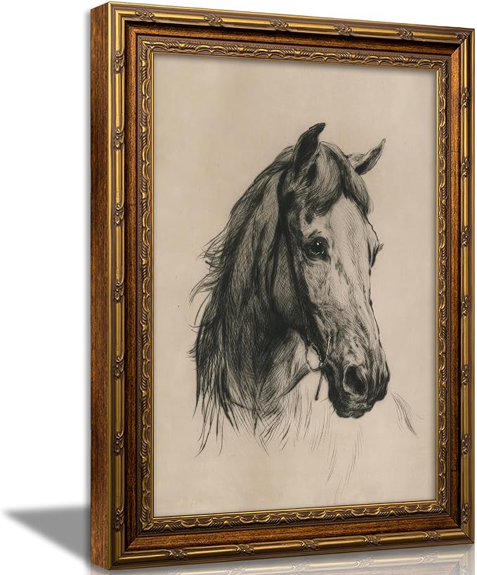 Vintage Gold Framed Horse Sketch Canvas Wall Art Retro Horse Wall Decor Vintage Farmhouse Animals Sketch Print Artwork Retro Rustic painting Picture for Farmhouse Bedroom Living Room 12X16in