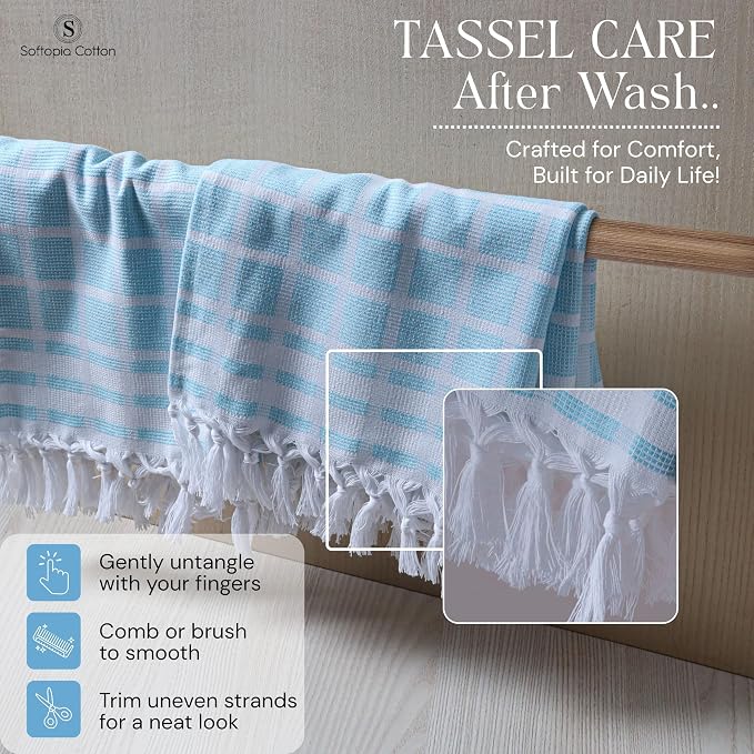 Matrix Dobby Kitchen Towels 4 Pack, 100% Cotton, 16x26 Inches, Handmade Knotted Tassel Tea Towels, Reusable & Absorbent Wash Rags for Drying and Cleaning - Aqua Blue, White