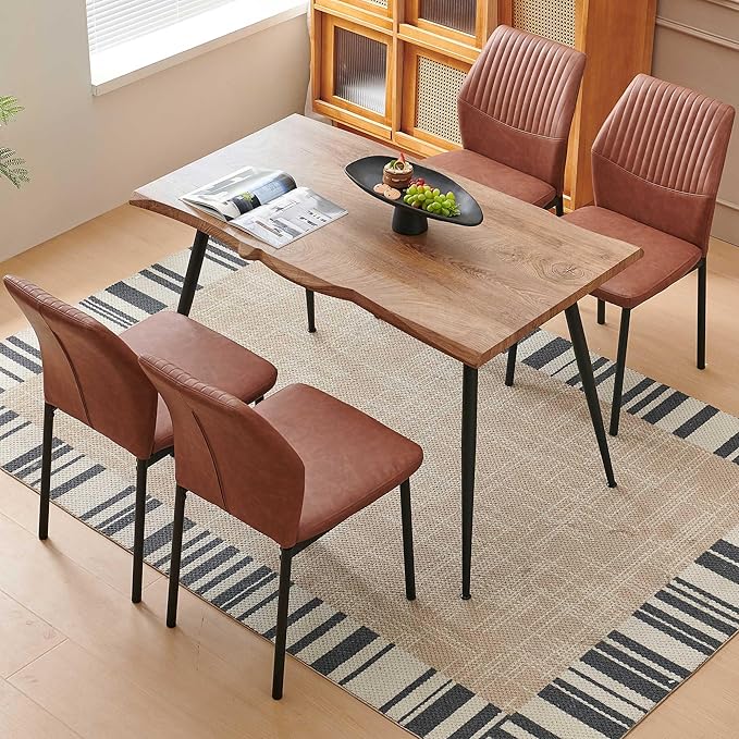 Dining Table Set for 4, Modern Wood Irregular Rectangle Dining Table,Leather Dining Chairs 4,Table and Chairs Set of 4 for Kitchen Dining Room, Brown