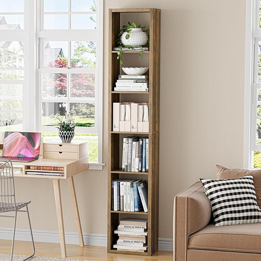 Tall Cube Storage Organizer Bookcase, 6 Tier 11 inch Open Back Cubical Shelf with Thickened Border, Display Bookshelf for Living Room, Home Office, Sturdy Room (Brown, 6 Cube,Vertical)