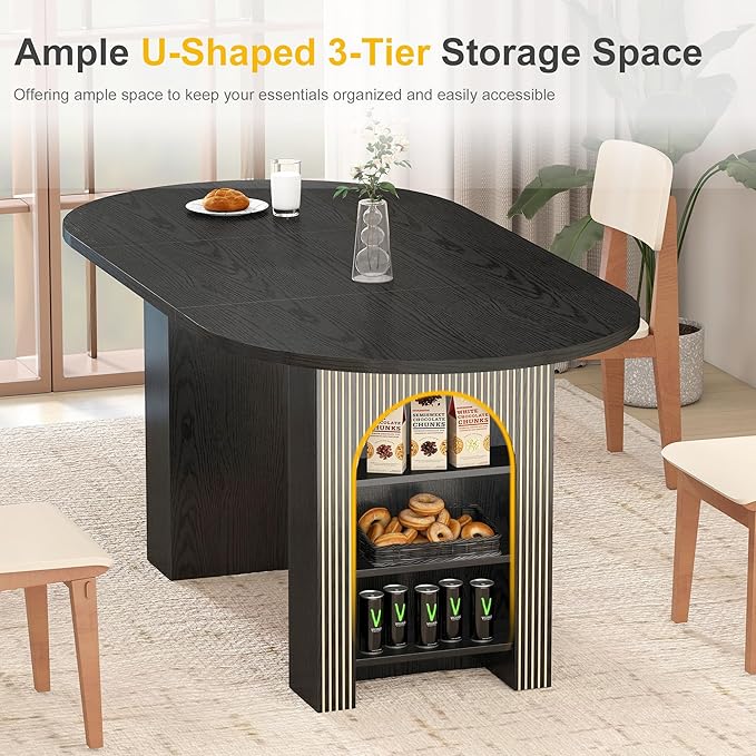 70.8" Oval Dining Table with Dual Side Storage Shelves, Wooden Table for 4–6 People, Modern Farmhouse Round Dinner Table for Kitchen, Reception, or Living Room (Black, Table Only)