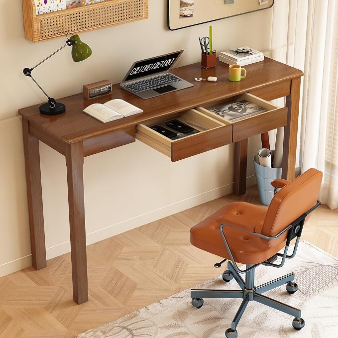 100% Solid Wood Desk with Drawers 47 x 16 Inch Mid Century Modern Desk Vintage Small Writing Wooden Desks for Small Spaces Bedroom, Living Room, Office