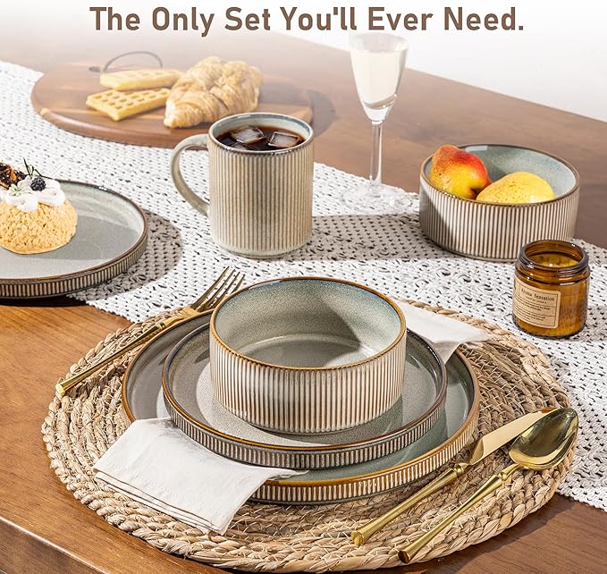 GBHOME 18-Piece Stoneware Dinnerware Set for 6 – Ribbed Ceramic Plates and Bowls, Scratch-Resistant, Microwave & Dishwasher Safe, Reactive Glaze, Mist Green