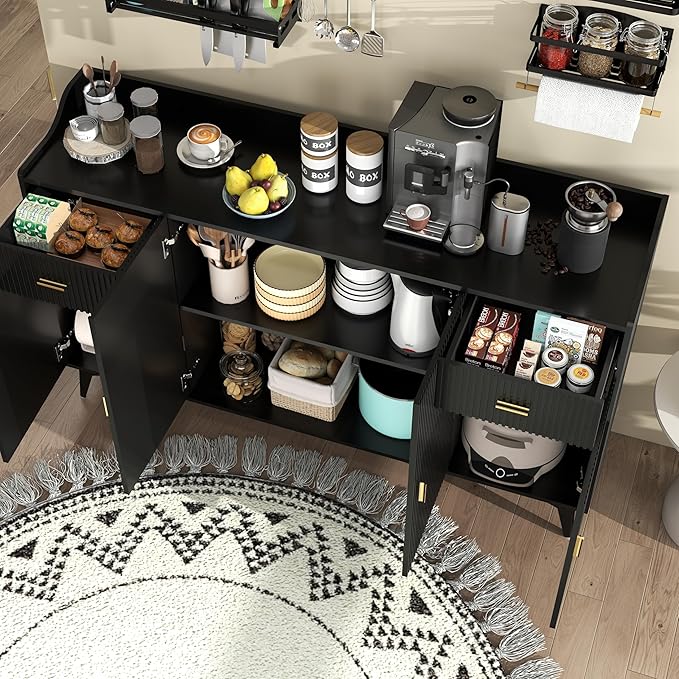Black Buffet Cabinet with Storage: 63" Fluted Sideboard Cabinet with 2 Drawers, Wood Accent Cabinet with 4 Doors, Wood Credenzas for Living Room, Kitchen (63")