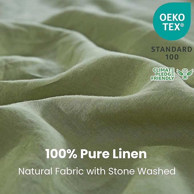 Simple&Opulence 100% Linen Duvet Cover Set 3pcs with Coconut Button Closure Natural French Washed Flax Solid Color Soft Breathable Farmhouse Bedding - Sage Green, King Size