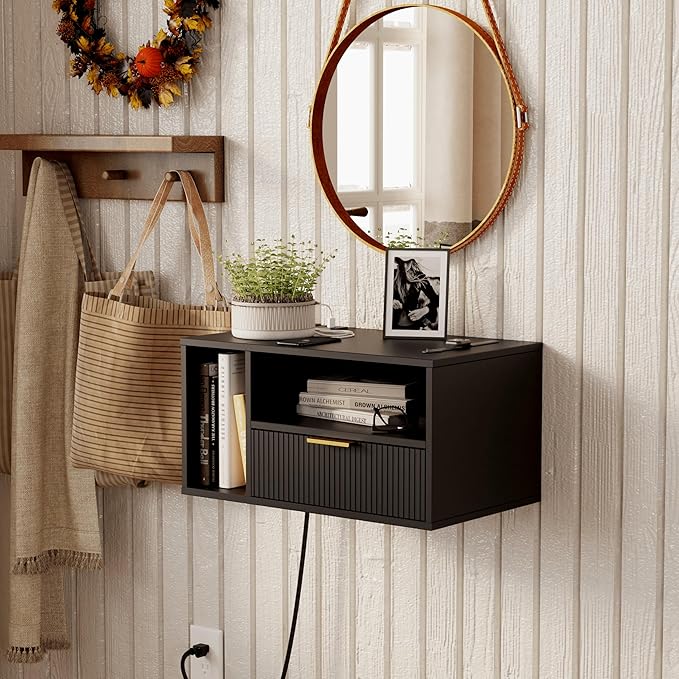 Black Floating Nightstand with Charging Station and LED Lights,Black