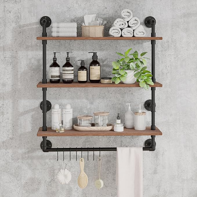 ROGMARS Industrial Pipe Shelving Bathroom Shelves with Towel bar, 24 in Rustic Floating Shelves Pipe Wall Shelf,3 Tier Wall Mounted Shelves with Hook