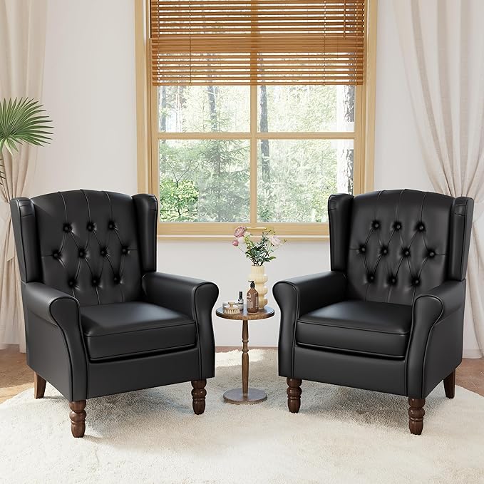 Faux Leather Accent Chairs Set of 2, High Back Upholstered Chair with Button Tufted, Mid-Century Modern Comfy Wingback Chair Reading Armchair for Living Room for Bedroom, Office-P Black