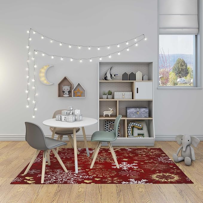 Ansouyi Non-Slip 5x7 ft Area Rugs, Washable Rug Carpet for Living Room, Red Christmas with Gold and White Snowflakes Home Decor Rugs for Game Room Classroom Bedroom Dining Kindergarten Room