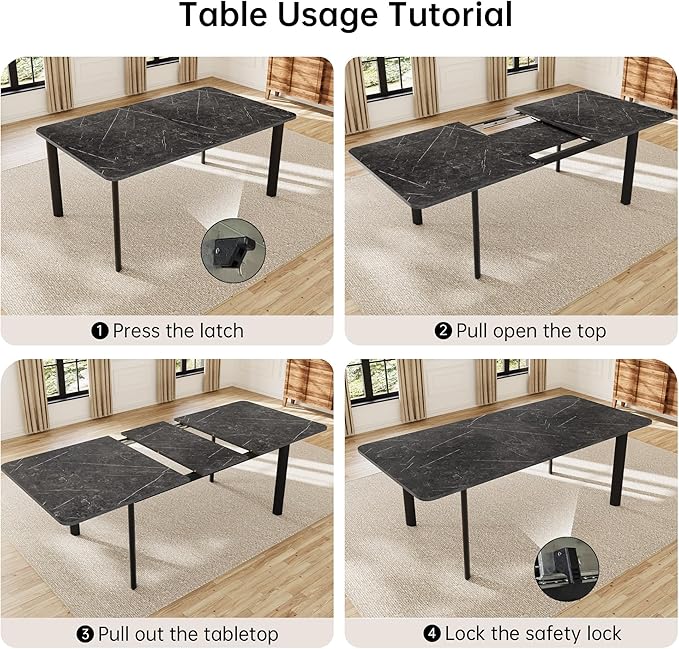 Extendable Dining Table Set for 6-8 People, 63 to 78.7 Inch MDF Kitchen Table with 6 Faux Leather Dining Chairs, Space-Saving for Dining Room, Breakfast Nook (Dark Grey Table & 6 Black Leather Chairs)