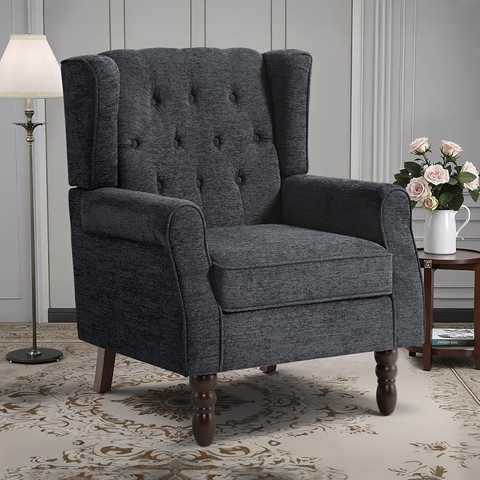 Lumibee High Back Accent Chair,Upholstered Wingback Armchair with Solid Wood Legs for Small Spaces,Comfy Single Sofa Chair for Living Room,Bedroom,Office-Black Blue