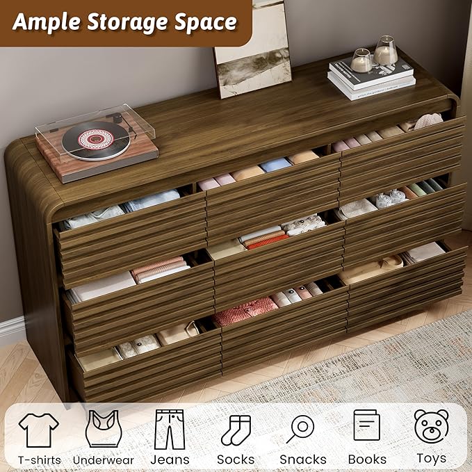 Fluted 9 Drawer Dresser for Bedroom, 59" Wide Wood Chests of Drawers with Curved Profile, Mid Century Modern Dresser with Large Storage & Hidden Handle for Living Room, Hallway, Walnut