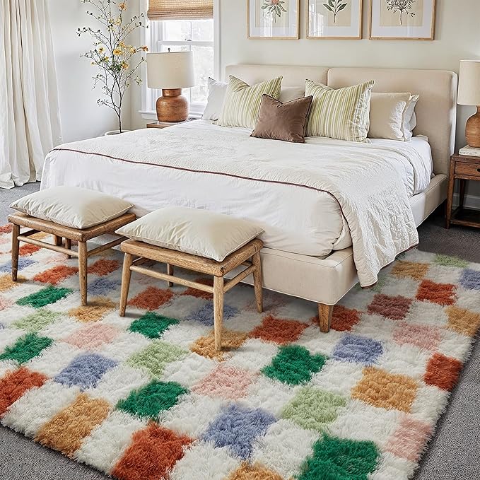 Checkered Rug 9x12 for Living Room, Modern Neutral Shag Rug Washable Non-Slip Large Area Rug Super Soft Indoor Fuzzy Carpet Fluffy Rugs for Bedroom Home Aesthetic Decor