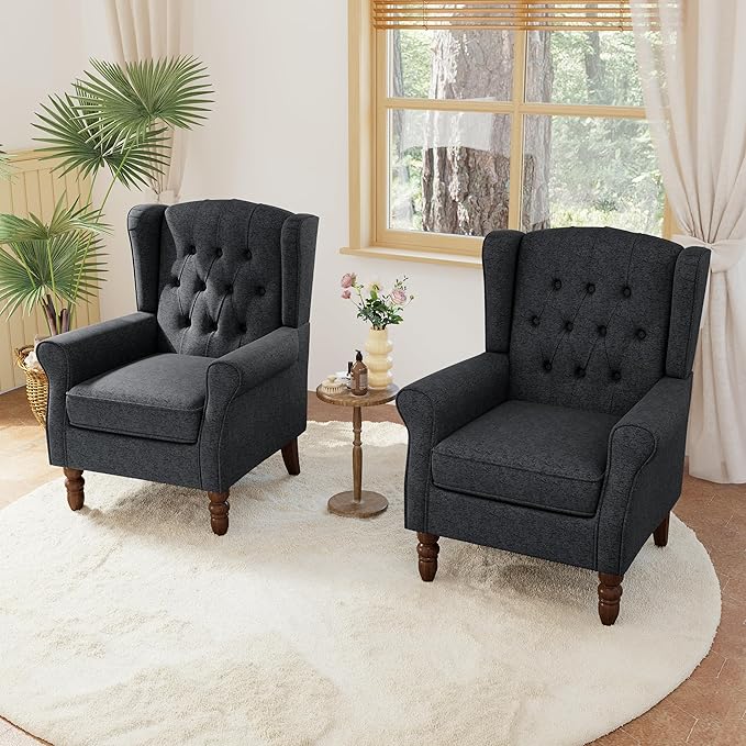 Accent Chairs Set of 2, High Back Upholstered Chair with Button Tufted, Mid-Century Modern Comfy Wingback Chair Reading Armchair in Fabric for Living Room for Bedroom, Office-Black Blue