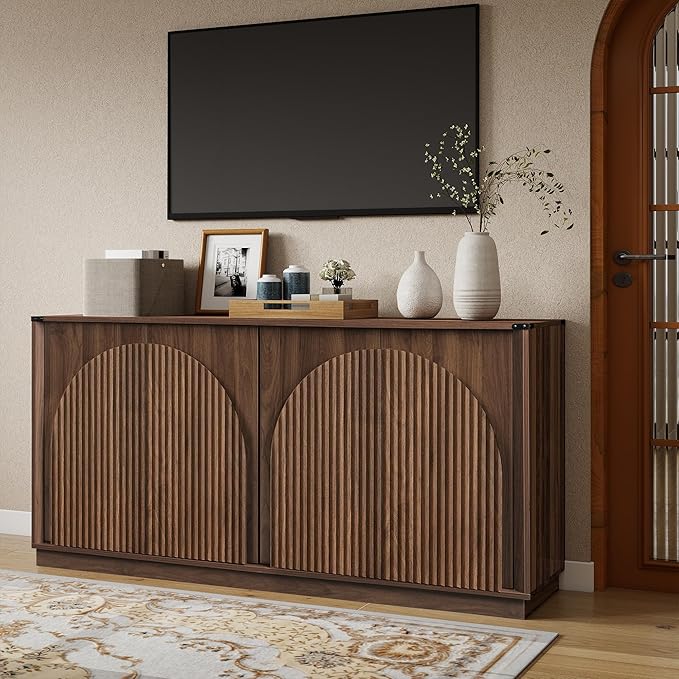 65" Sideboard Buffet Cabinet with Storage, Mid Century Modern Fluted Accent Credenza with Adjustable Shelves, Wood Media TV Console Coffee Bar Table for Dining Room, Living Room, Walnut