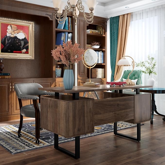 Computer Desk with Drawers, 59" L Contemporary Home Office Laptop Desk with Floating Desktop and 4 Storage Drawers Vintage Study Gaming Table with Metal Frame, Walnut-WA