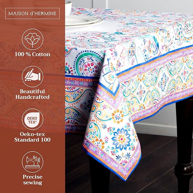 Maison d' Hermine Table Cloth Rectangle Table 100% Cotton 60 x 108 Inches Tablecloth Reusable Decorative for Dining Room Farmhouse Home Valentines Day Decorations Spring Summer - Indian Floral
