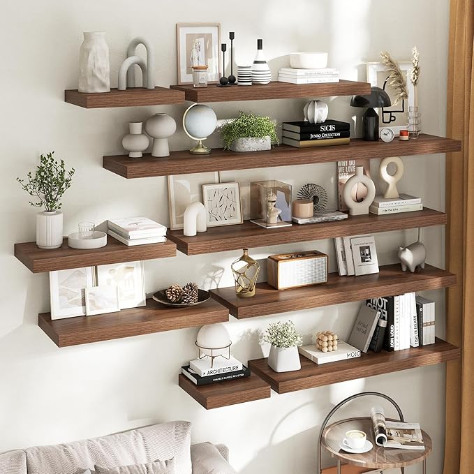 12 Inch Square Floating Shelves for Wall 2 Pack, 12"D Wood Grain Bathroom Shelves with Invisible Brackets, Easy Install Engineered Wood Storage Shelves for Kitchen, Living Room, Bedroom, Walnut Finish