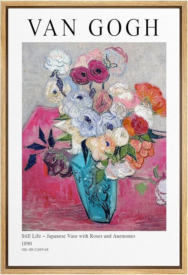 SIGNLEADER Framed Canvas Print Wall Art Still Life Japanese Roses Van Gogh Botanical Brushstroke Illustrations Traditional Colorful Multicolor for Living Room, Bedroom, Office - 24"x36" Natural