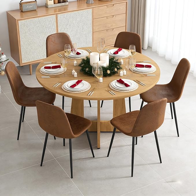 47" Round Dining Table Set for 6, Wood Grain Table and 6 Brown Suede Upholstered Chairs Set, Modern Kitchen Table Set with Cross Legs