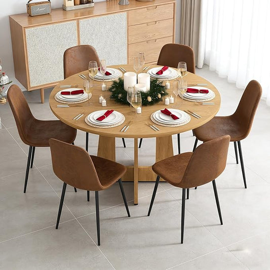 47" Round Dining Table Set for 6, Wood Grain Table and 6 Brown Suede Upholstered Chairs Set, Modern Kitchen Table Set with Cross Legs