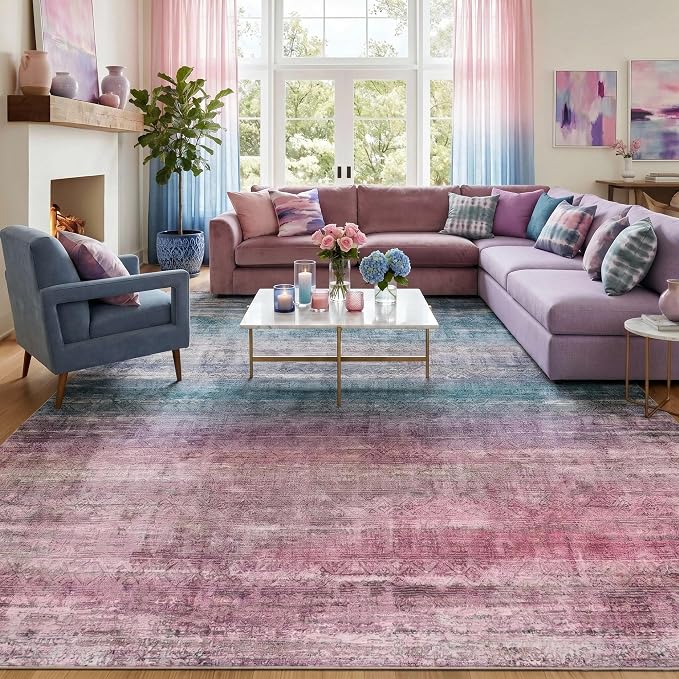 Kokia Abstract Area Rugs 10x14 Bedroom Washable Decor Low Pile Fluffy Non-Slip Non-Shedding Indoor Red Carpet Foldable Stain Resistant Floor Mat Living Room Dining Room, Peony Blue