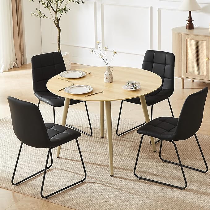 43.3 Inch Round Dining Table Set for 4, Modern Small Kitchen Coffee Set for Dining Room Kitchen Apartment (Cream Table+4 U-Shaped BlackChairs)