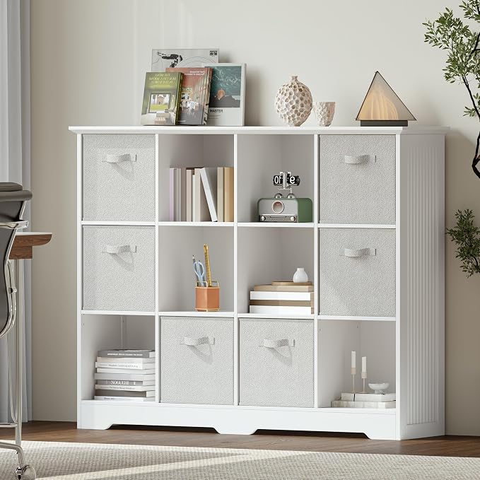 VORONOI 12 Cube Storage Organizer with 6 Fabric Drawers and Removable Shelves — Modular Cube Bookshelf for Bedroom, Living Room, or Home Office, Short Cube Bookcase for Toys, Decor,White