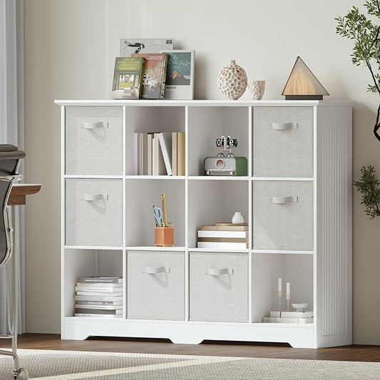 VORONOI 12 Cube Storage Organizer with 6 Fabric Drawers and Removable Shelves — Modular Cube Bookshelf for Bedroom, Living Room, or Home Office, Short Cube Bookcase for Toys, Decor,White