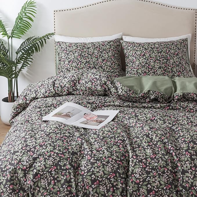 HoneiLife Duvet Dover King Size - 100% Cotton Comforter Cover Floral Duvet Cover Sets, Breathable Bedlinen for Set with Zipper Closure & Corner Ties,3-PC Wildflower Comforter Cover Sets, Berry