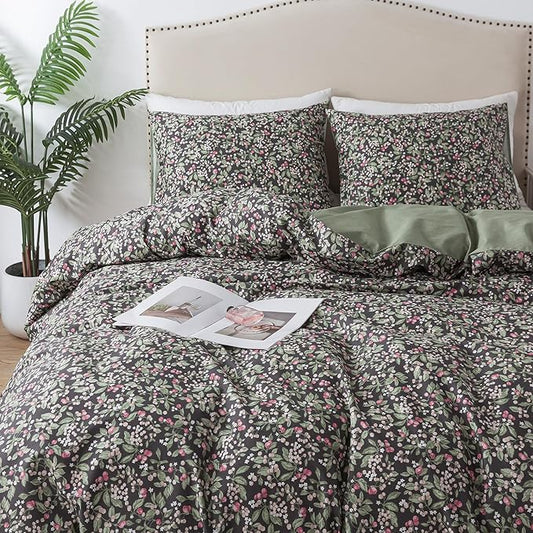 HoneiLife Duvet Dover King Size - 100% Cotton Comforter Cover Floral Duvet Cover Sets, Breathable Bedlinen for Set with Zipper Closure & Corner Ties,3-PC Wildflower Comforter Cover Sets, Berry