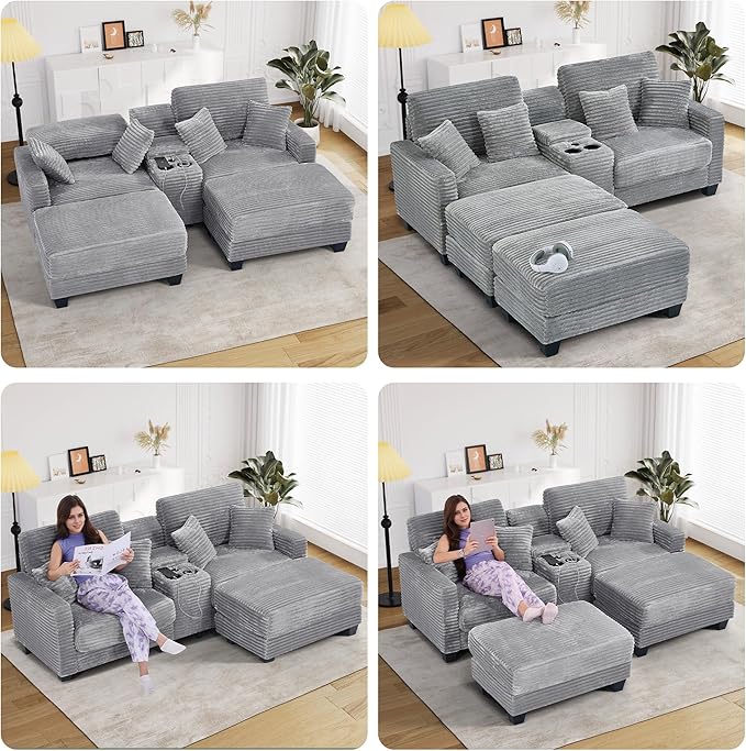 Oversized Chaise Lounge Chair Indoor with Storage & USB, Cup Holder & Ottoman, Firm Solid Wood Frame with Long Service Life Corduroy Oversized Lounge Reading Chair for Large Study Room - Light Grey