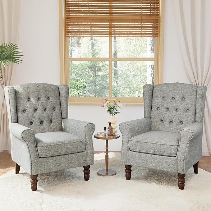 Accent Chairs Set of 2, High Back Upholstered Chair with Button Tufted, Mid-Century Modern Comfy Wingback Chair Reading Armchair in Fabric for Living Room for Bedroom, Office-Light Gray