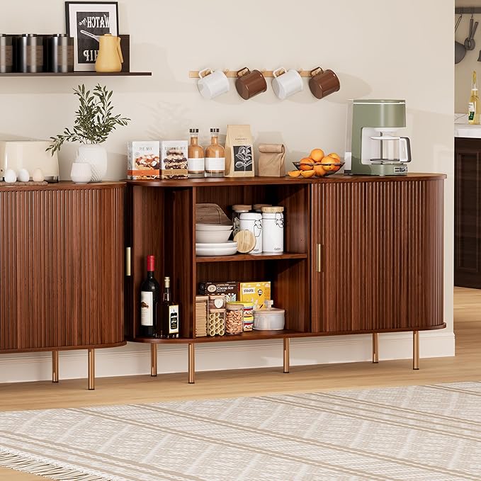 DHH Sideboard Buffet Cabinet with Storage,Mid Century Modern Fluted Accent Coffee Bar Console Table,Tambour Sliding Doors& Adjustable Shelf for Kitchen, Living Room, Entryway(Walnut,55 Inch)