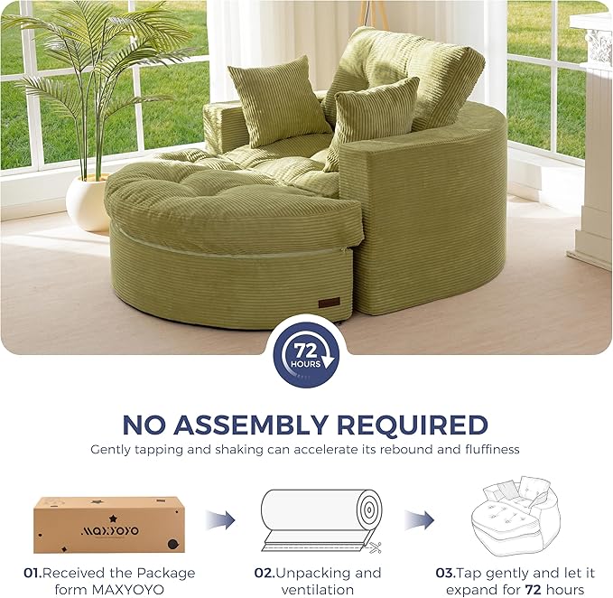 MAXYOYO Oversized Round Chaise Lounge Sofa, Upholstered Lounge Chair with 3 Pillows, Boneless Sofa Couch with Ottoman, Deep Seat Chair for Living Room, No Assembly, Green