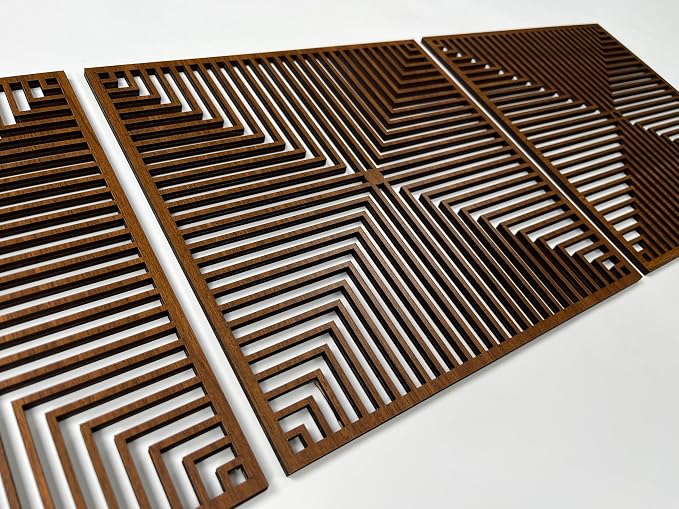 Geometric Art Deco Wood Wall Art Set of 3, Large Optical Line Square Panels, Mid Century Modern Wooden Decor, Aesthetic New House Gift for Living Room and Bedroom