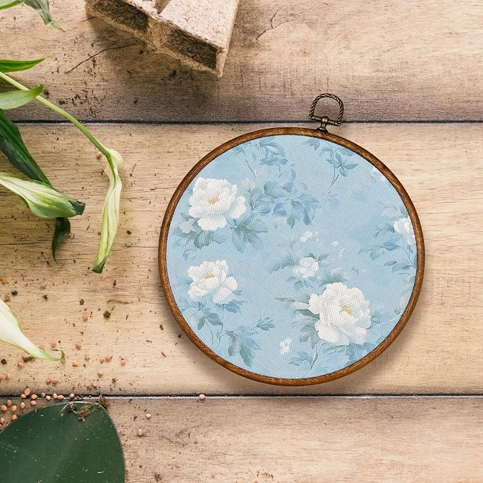 KSDUT Retro Aesthetic White Floral Wall Art Decor - Botanical Neutral Mid Century Modern Blue Wall Art Canvas Frame Hanging Prints, Vintage Landscape Round Wall Art Decor for Home Decorations 10"x10"