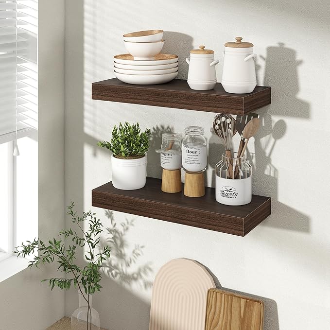 16 Inch Floating Shelves for Wall 2 Pack, 16" Wall Shelves for Books, Storage, Decor, Wall Mounted Floating Shelf with Invisible Brackets for Kitchen, Living Room, Walnut