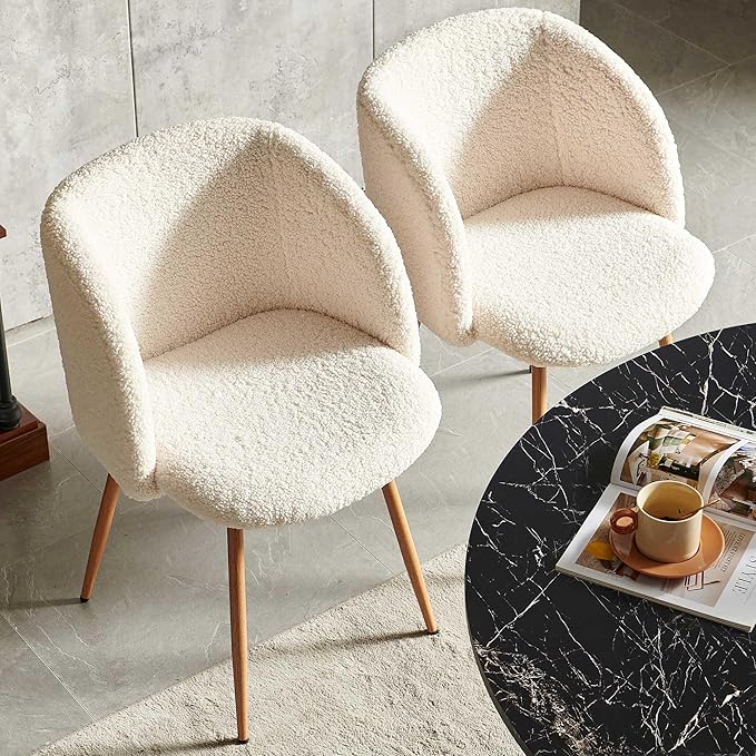 Modern Mid-Century Dining Table Set for 4, Black Round Kitchen Table Fluted and Off White Dining Arm Chairs Set Upholstered Fluffy Faux FurReception Chairs with Metal Legs,Black Marble Look