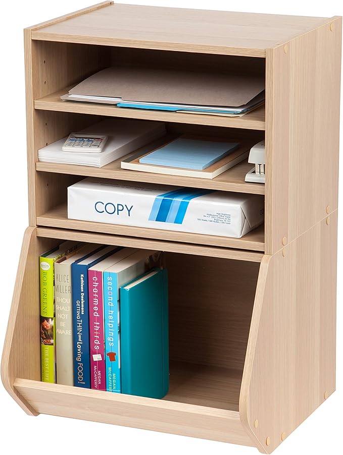 IRIS USA 3-Shelves Modular Wood Stackable Storage Box, Easy Assembly, Customizable, DIY Bookcase, Stacking Storage Organizers, Cube Storage, Cubby Storage System, Home Office Closet, Light Brown