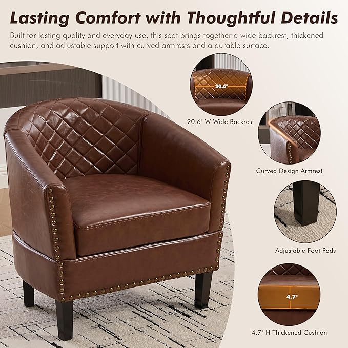QQU Barrel Accent Chair, Retro PU Leather Club Chair with Nail-Heads, Upholstered Armchair for Living Room, Bedroom, Waiting, Office (Brown)