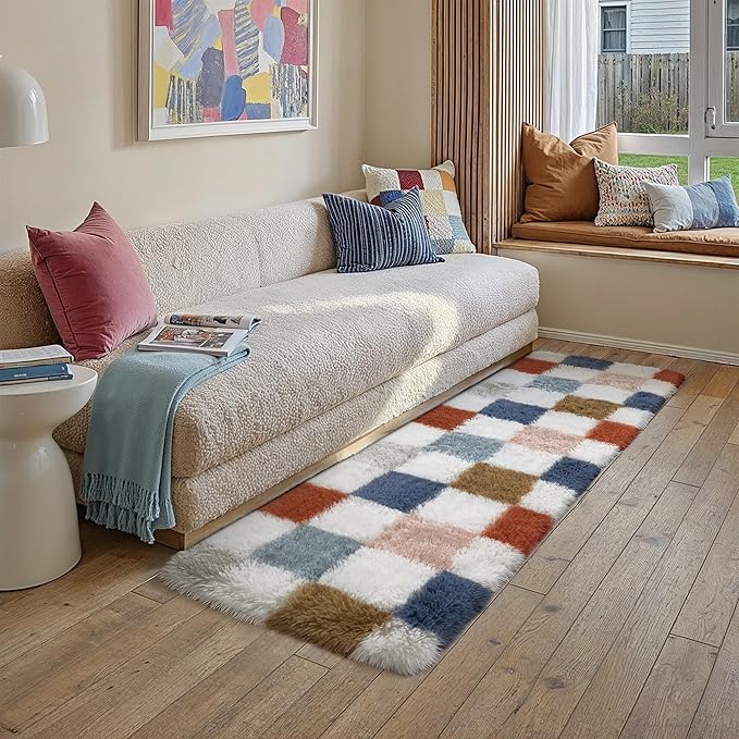 Checkered Area Rug 2x6 for Bedroom, Modern Rainbow Shag Rug Super Soft Runner Carpet Washable Fluffy Rugs for Living Room Bedside Sofa Home Dorm Decor Aesthetic