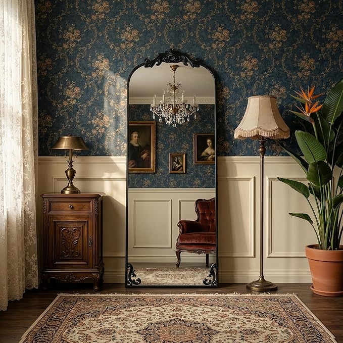 HARRITPURE Vintage Arched Full Length Mirror, 64"x21" Baroque Carved Full Body Mirrors, Large Floor Standing Mirror with Black Aluminum Frame for Bedroom, Living Room, Entryway